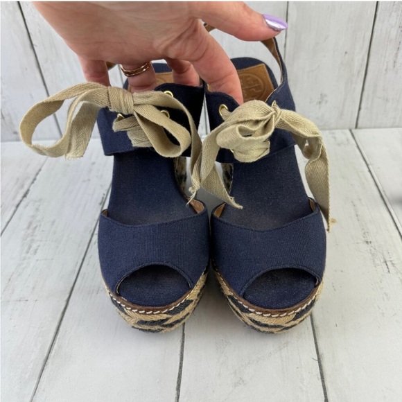Tory Burch Navy Blue Linley High Open Toe Tie Front Espadrille Wedge Size 5 - Picture 11 of 12